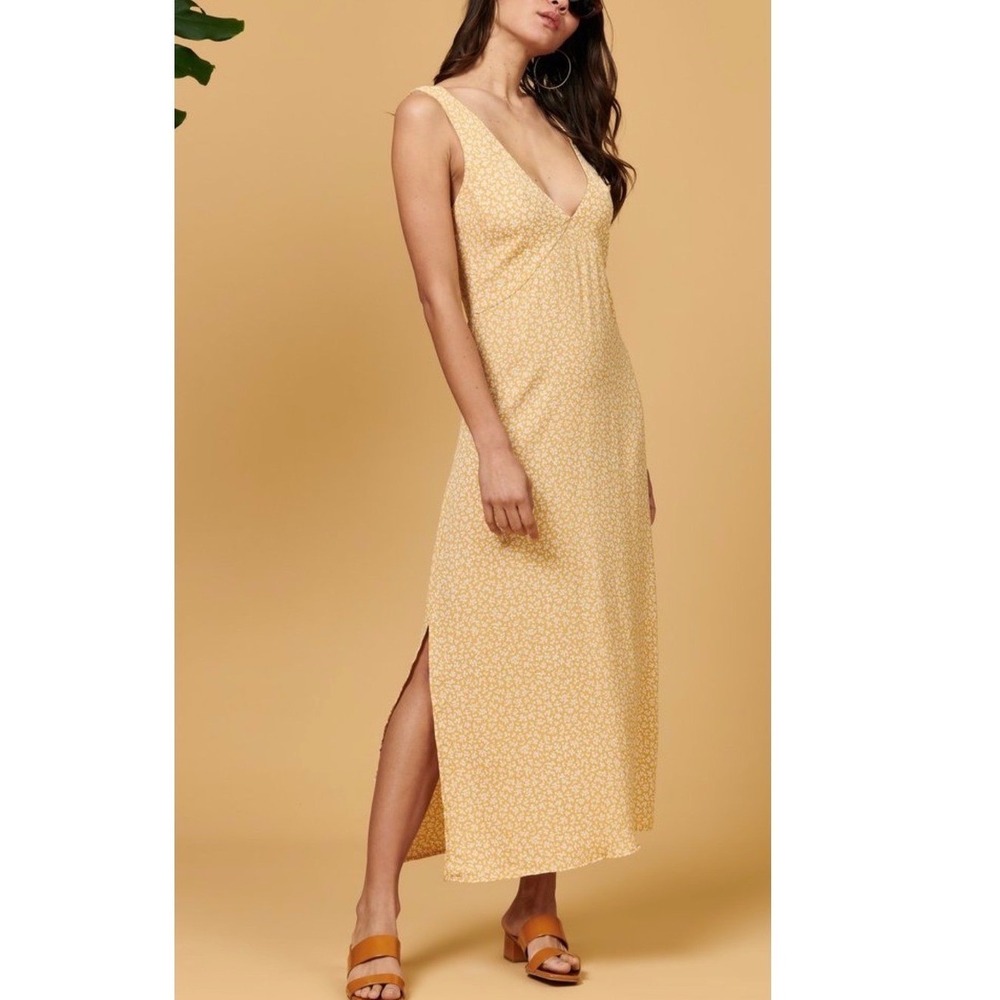 NWT Whimsy + Row Ella Dress Mustard Yellow Floral V-Neck Cutout Back Midi XS